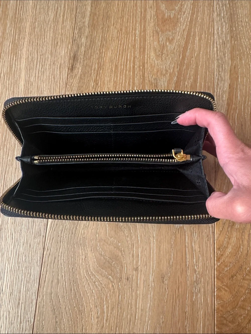 Tory Burch Black Leather Zip-Around Wallet with Gold Emblem